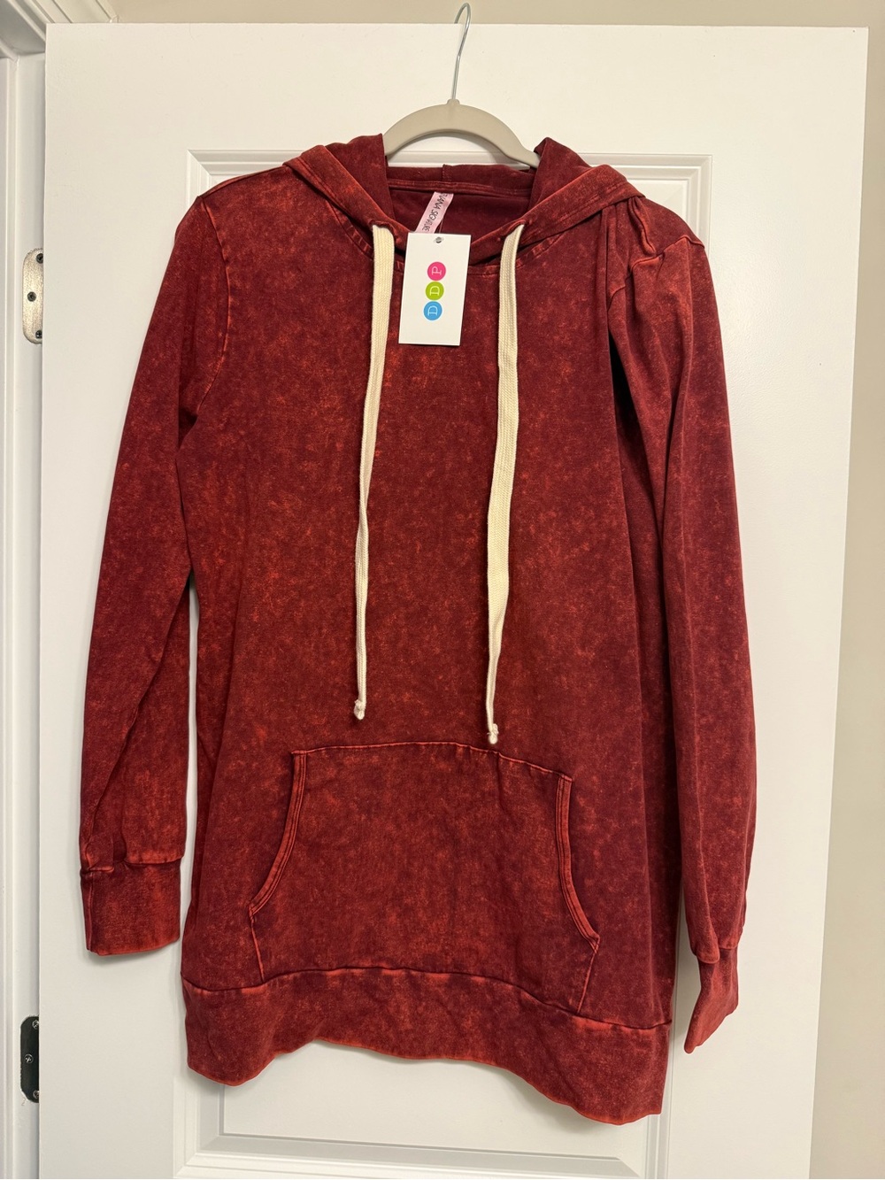 Washed Red Hooded Pullover Tunic with Kangaroo Pocket